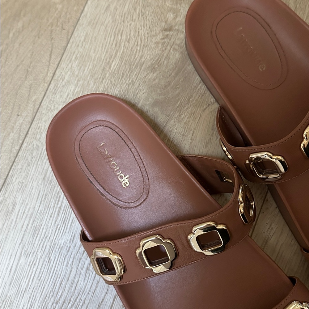 Brown Slide Sandals with Gold Accents - Picture 3 of 3